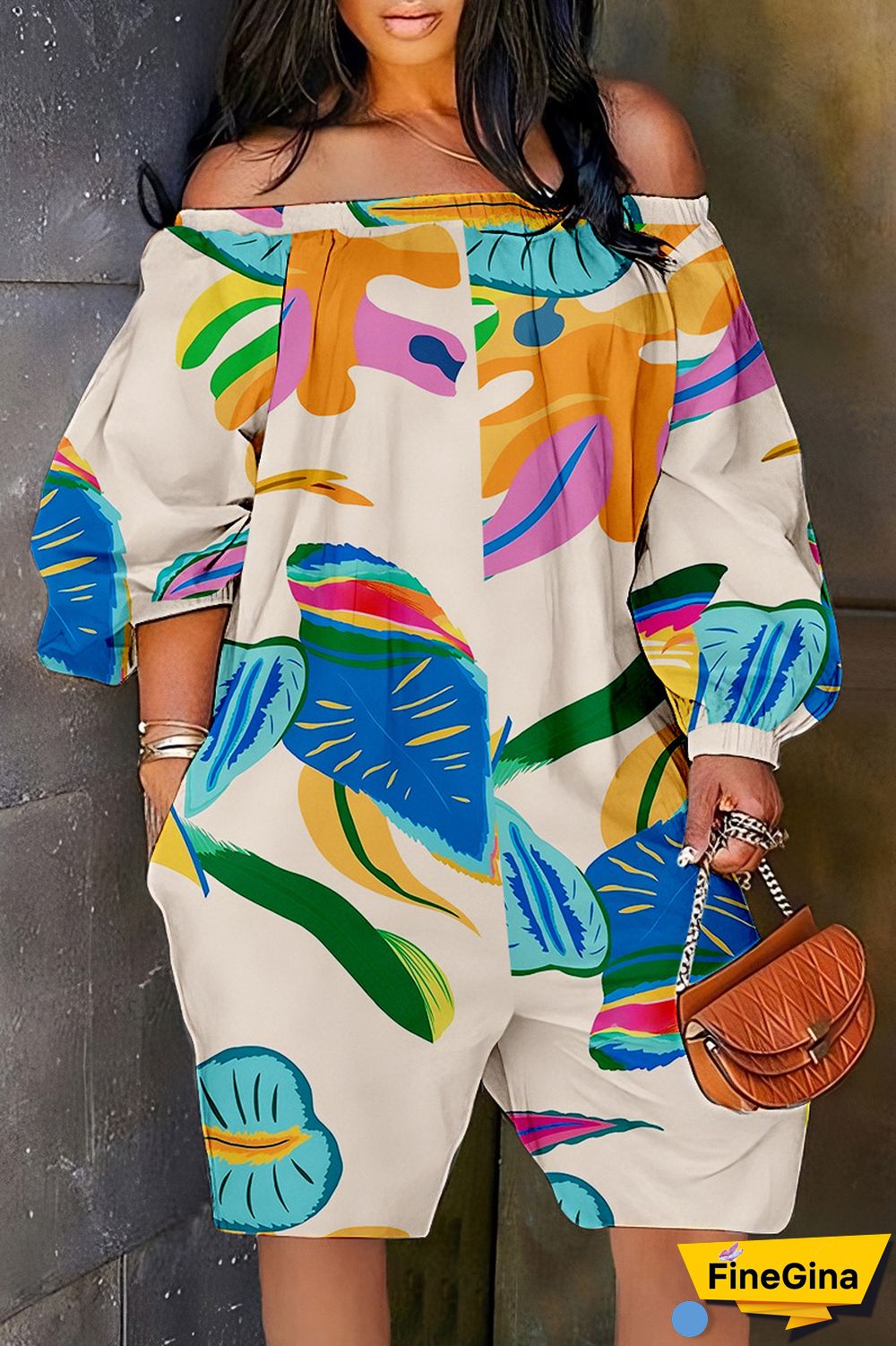 Cyan Casual Print Backless Off the Shoulder Regular Romper