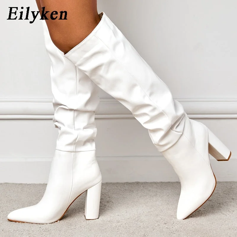 Eilyken Fashion White Women Knee High Boots Sexy Pointed Toe Square Heels Ladies Long Boot Slip On Female Shoes size 35-42