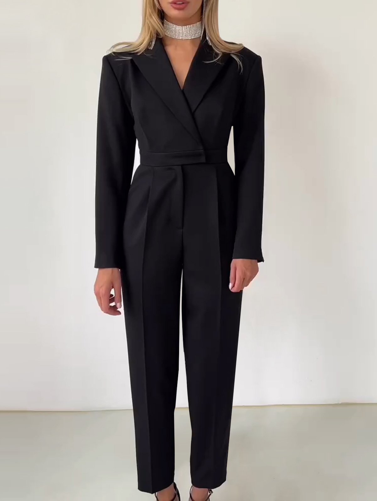 Formal Solid Peaked Lapel Long Sleeve Jumpsuit