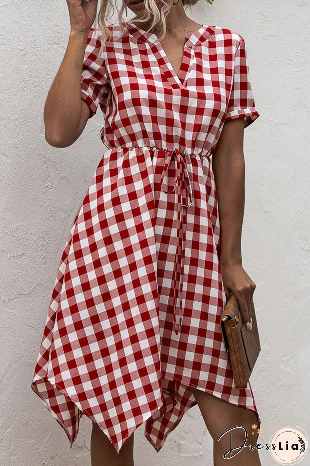 Fashion Casual Plaid Split Joint V Neck Irregular Dress Dresses