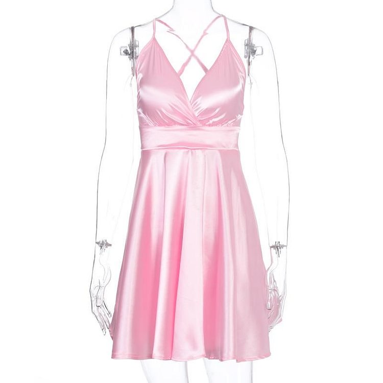 Promsstyle Sexy low cut backless tie up waist bow knot mini skater dress Prom Dress 2023