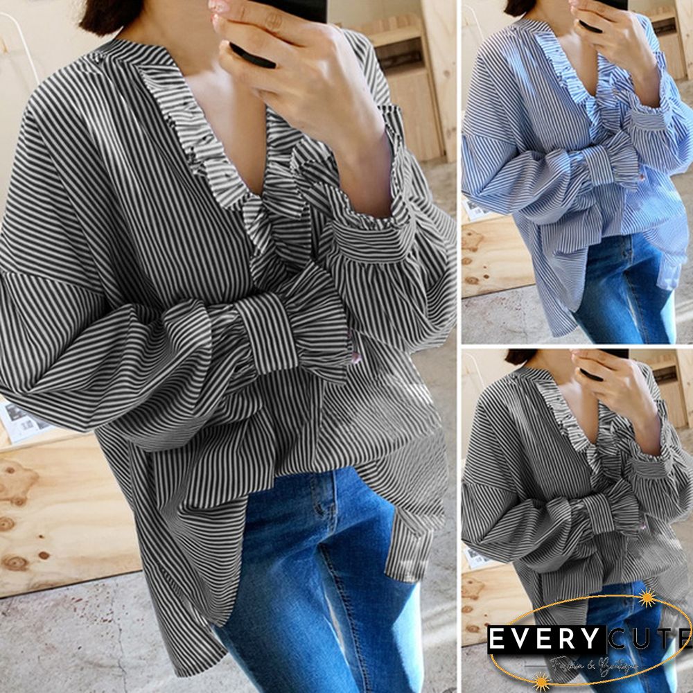 VONDA Plus Size Women Casual Blouse Long Sleeve V Neck Ruffle-Trim Striped Shirt Loose Tunic Tops