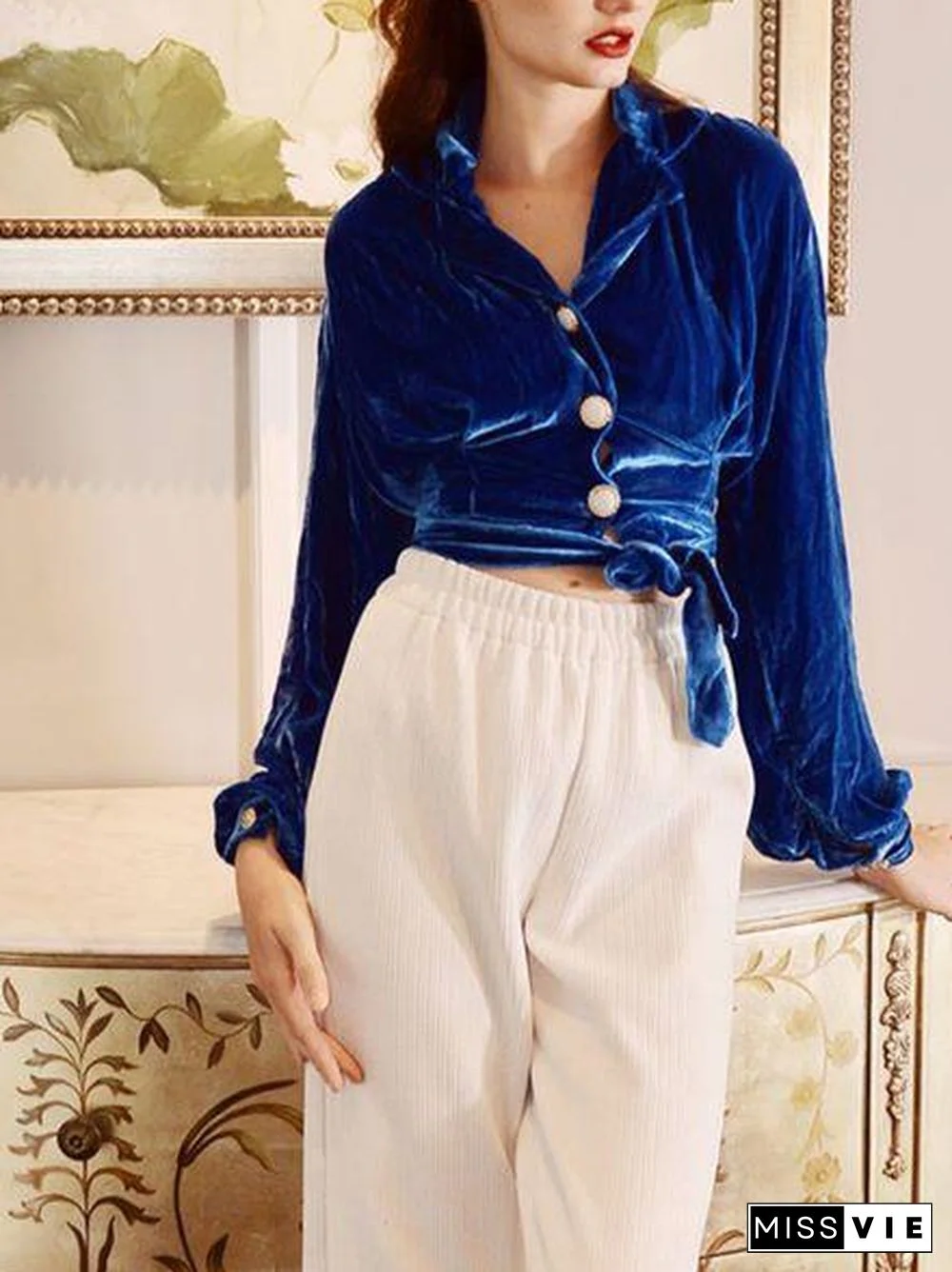 Royal Blue Lapel Plain Velvet Shirt