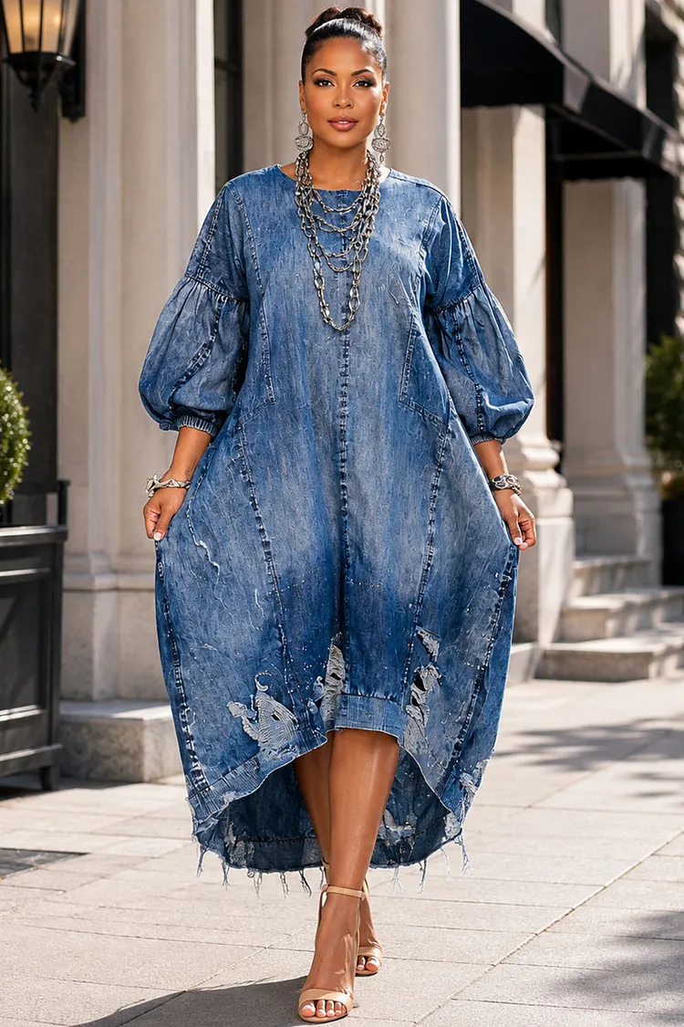 Xpluswear Design Plus Size Daily Blue Round Neck Lantern Sleeve 3/4 Sleeve Pocket Distressed Denim Midi Dresses [Pre-Order] 2024 - Xpluswear