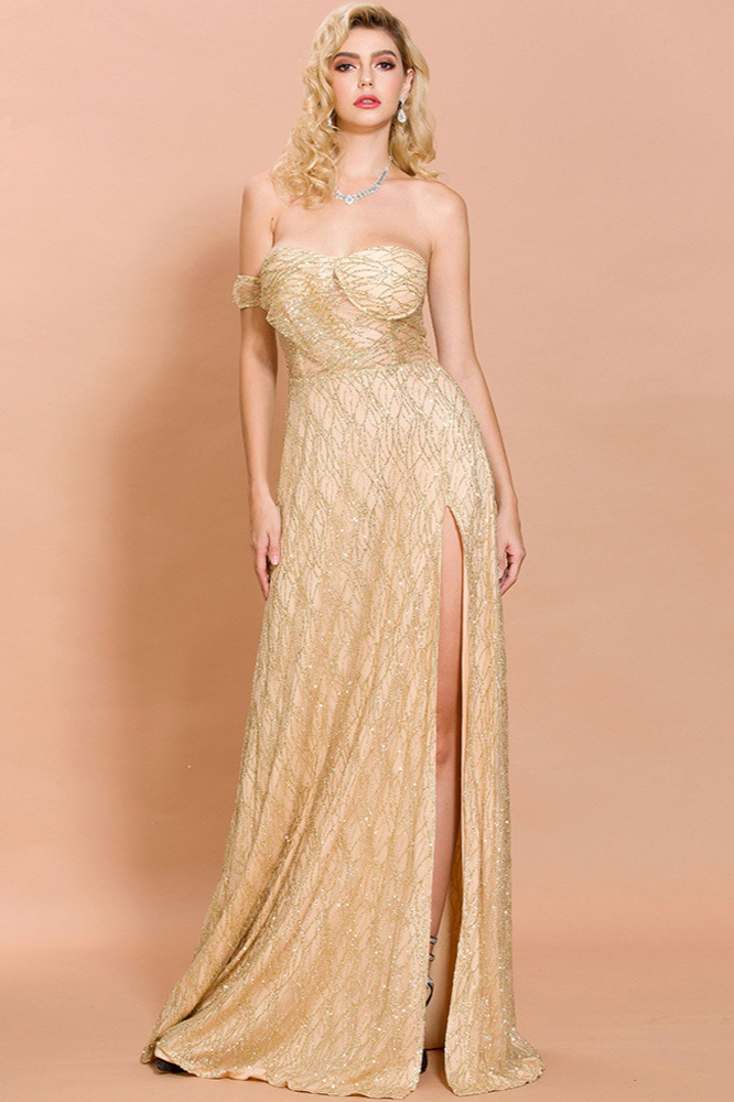 gold sweetheart sequins long prom dress with sequins