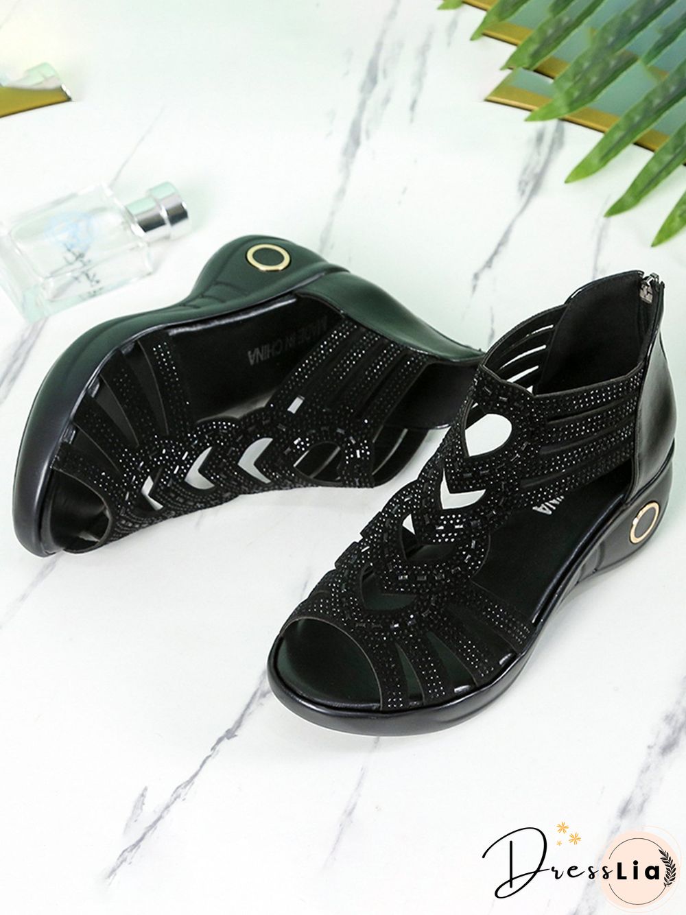 Rhinestone Cutout Heart Shape Wedge Sandals