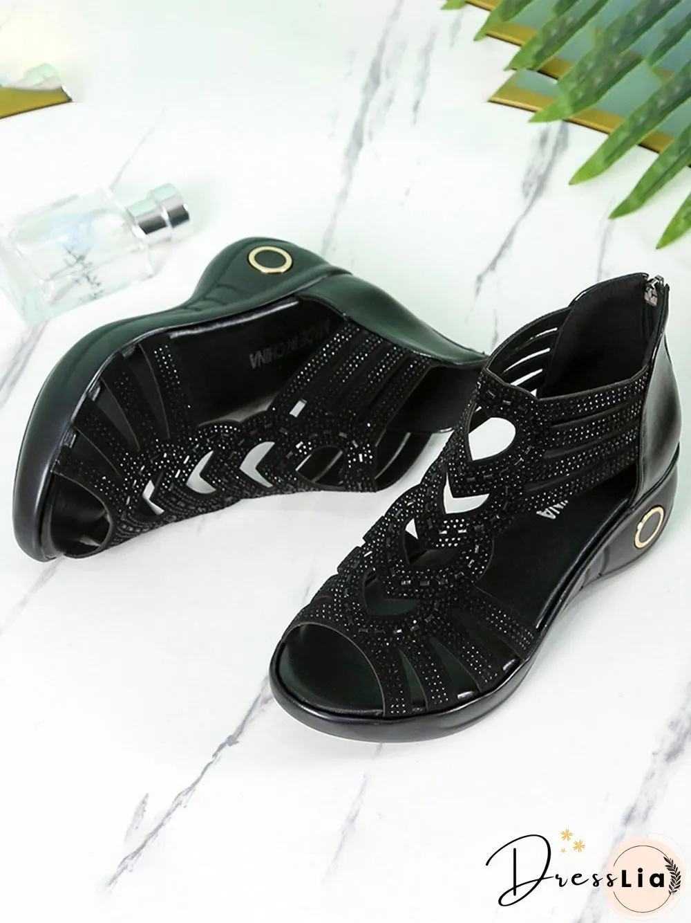 Rhinestone Cutout Heart Shape Wedge Sandals