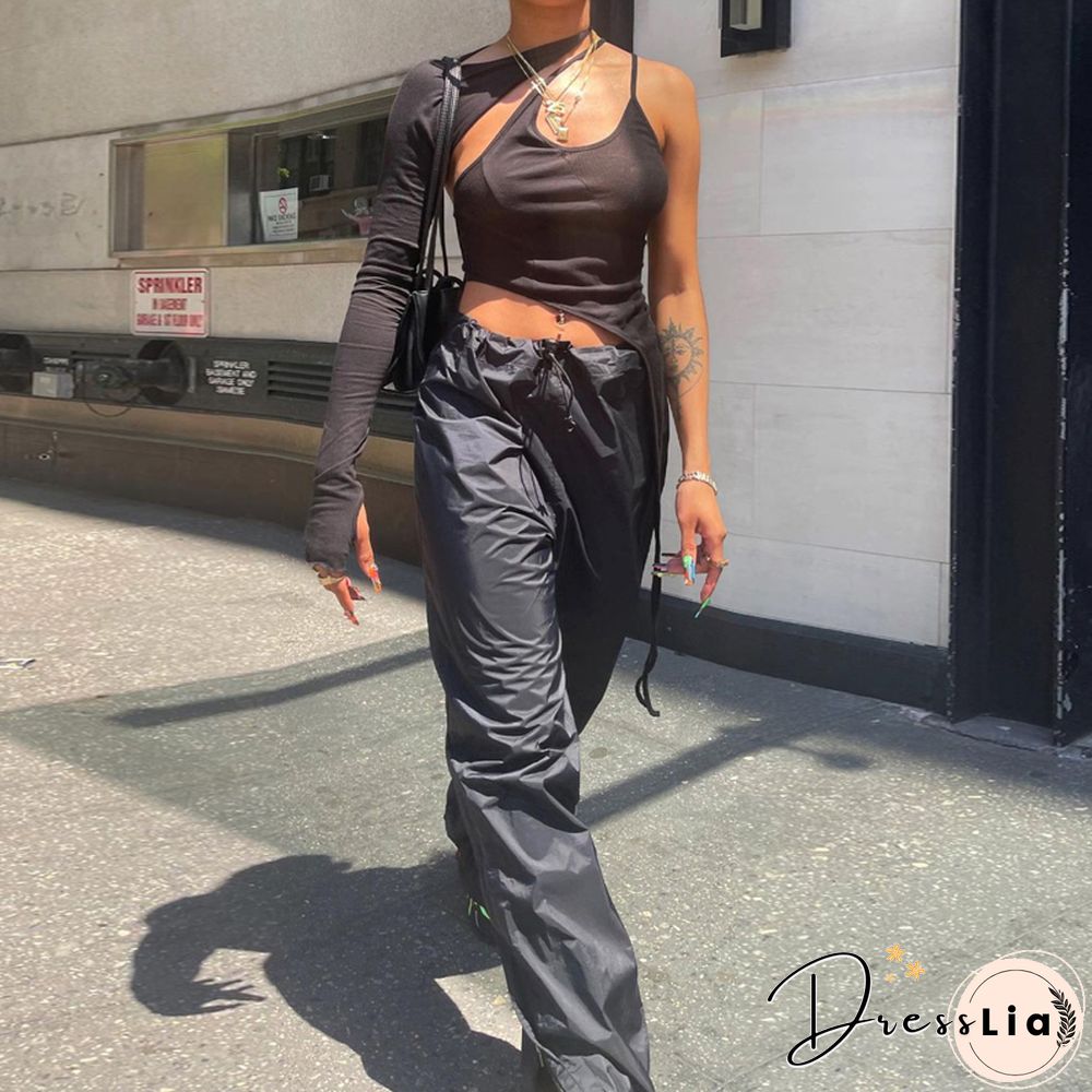 Street Sexy One Shoulder Hollow Out Tie Up Halter Crop Top Women Long Sleeve Backless Solid Slim Fit T-Shirt Exposed Navel Tee