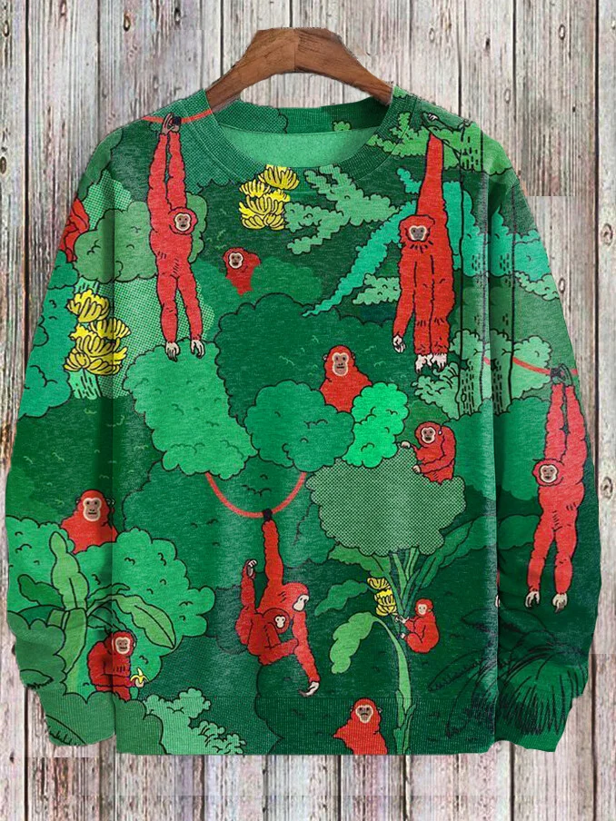 Men's Cartoon Art Forest Monkeys Print Casual Sweatshirt