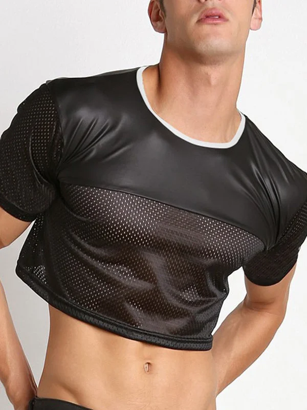 Aonga - Mens Mesh Patchwork Artificial Leather Short Crop