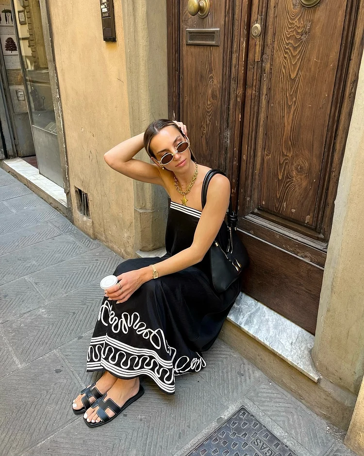 Fitvitalsupplement Sexy Off Shoulder Strapless Print Dress Women Elegant Backless Sleeveless Loose Hem Long Dresses Casual Vocation High Streetwear