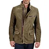 Men Vintage Stand Collar Suede Blazer Side Zip Fly Contrast Leather Webbing Medium Length Jacket Coats by Inlyline