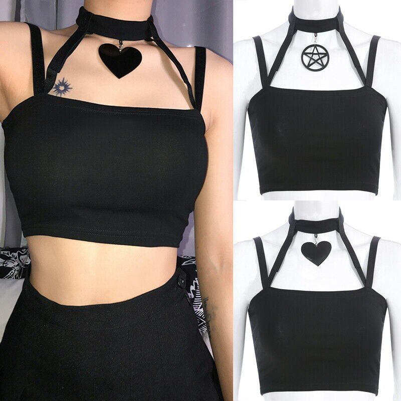 Fashion Women Gothic Choker Tops Summer Strap Sleeveless Crop Top Bandage Hollow Slim Gym Sports Short  Tops With Two Chokers
