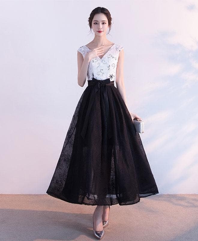 Black V Neck Lace Tulle Short Prom Dress, Black Evening Dress