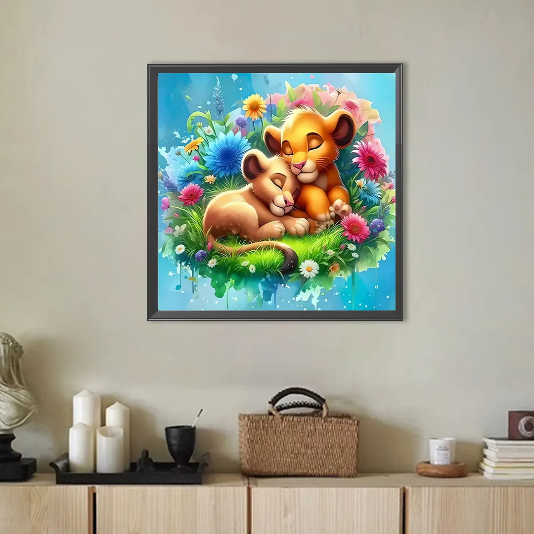 Cartoon Lions Full DIY 5D Round Drill Diamond Paintings Picture Arts Craft for Adults/Beginners Gift Idea Home Wall Decor Diamond Crystal Rhinestones Painting Kits 11.7x11.7In