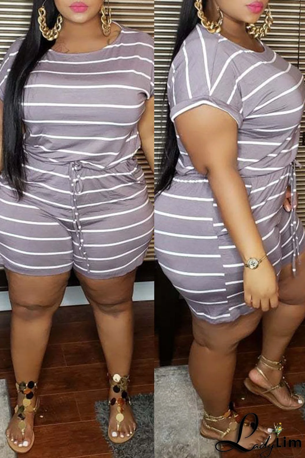 Blue Fashion Casual Striped Print Basic O Neck Plus Size Jumpsuits