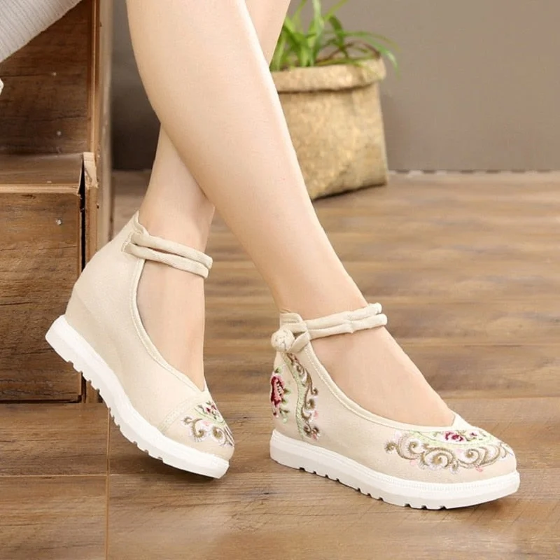 Comemore Women Red Summer Footwear Ankle Strap Spring Autumn Pumps China Beijing Embroiders Wedges Heels 2022 Buckle Cloth Shoes