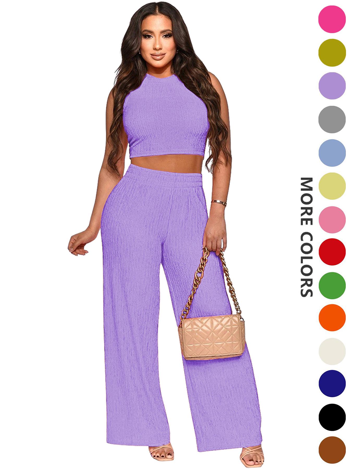 Two-Piece Set Women's Solid Textured Knit Fabric Co-ord Set Suits, Casual Round Neck Crop Tank Top & High Waist Wide Leg Pants Set, Ladies Summer Fit Clothes for Daily Wear, Womenswear Two-Piece Set Women's Solid Textured Knit Fabric Co-ord Set Suits, Casual Round Neck Crop Tank Top & High Waist Wide Leg Pants Set, Ladies Summer Fit Clothes for Daily Wear, Womenswear