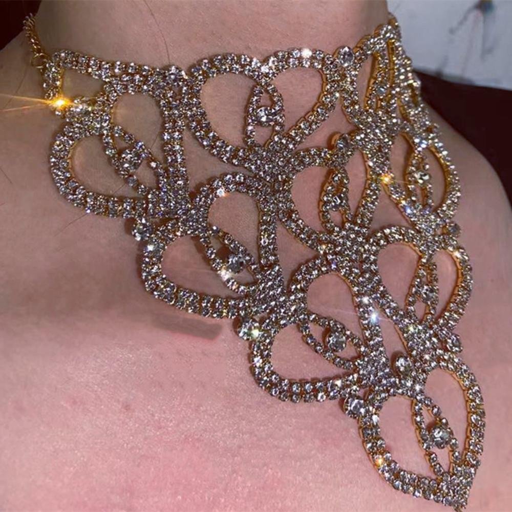 Rhinestone Heart Collar Choker Necklace for Women-VESSFUL