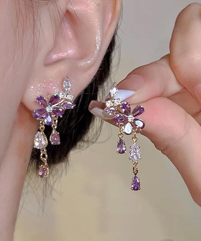 DIY Purple Sterling Silver Floral Zircon Tassel Drop Earrings