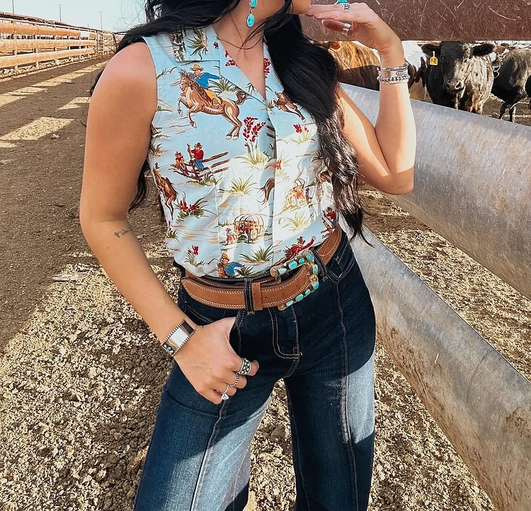 Vintage Sleeveless Western Print Plus Size Casual Tank Top
