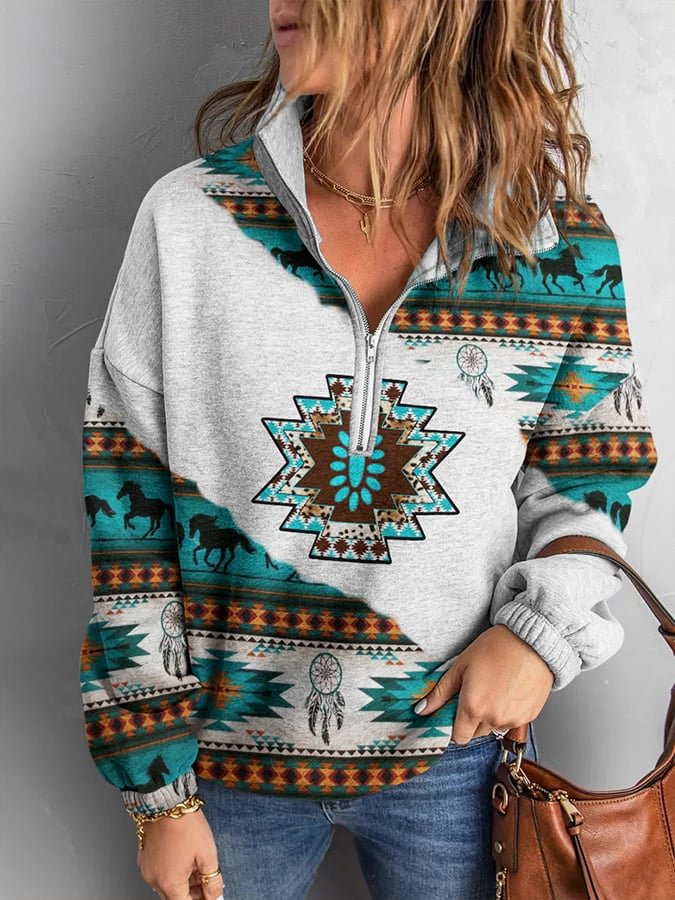 Vintage Western Print Zip Sweatshirt