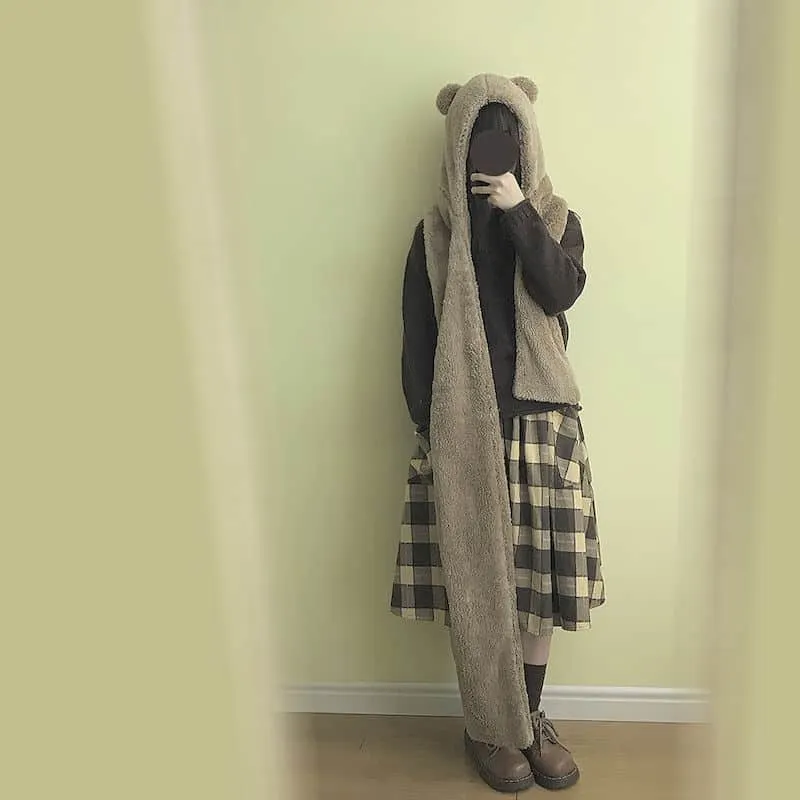 Warm hat scarf one hooded bib female winter imitation lamb hair Japanese thickening cute bear ears tide winter warmth artifact