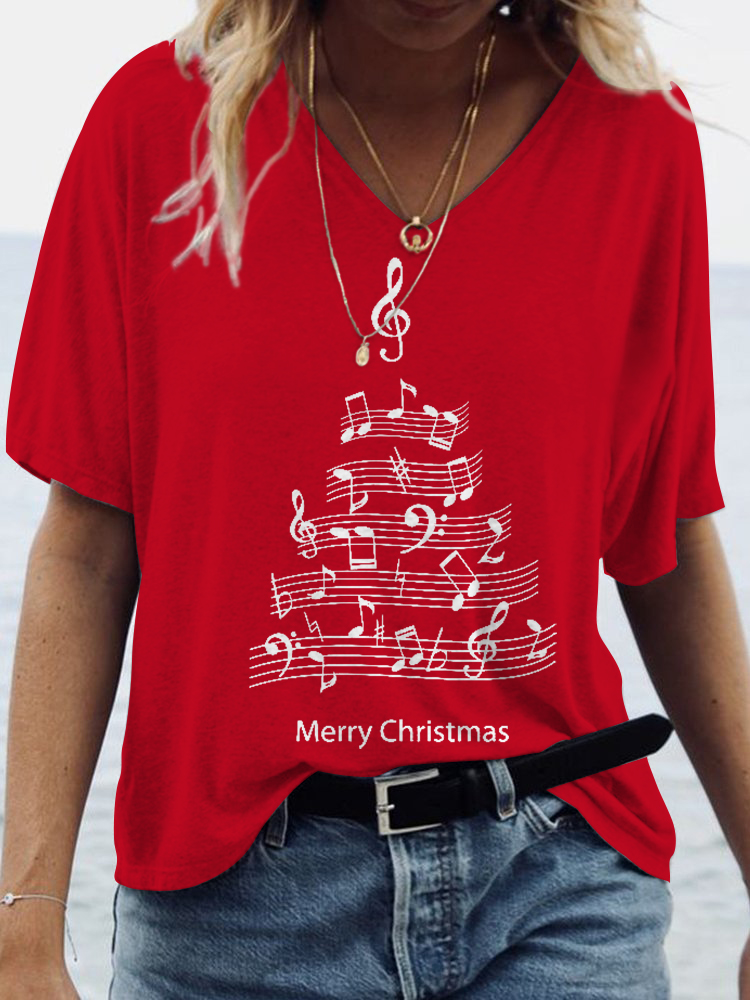 Music Note Christmas Tree Print V Neck T Shirt wearshes