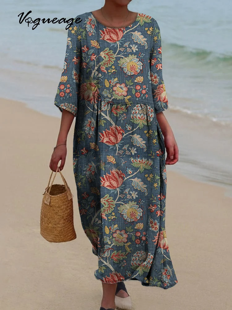 Retro And Elegant Flowers Printed Women's Casual Cotton And Linen Dress