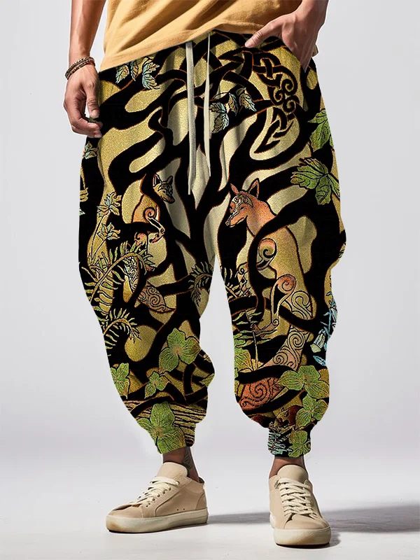 Men's Woodland Fox and Forest Animals Art Print Loose Drawstring Waist Sweatpants