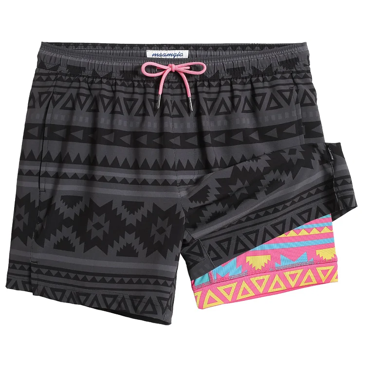 5.5 Inseam 2 in 1 Stretch Short Liner Grey Pink Swim Shorts