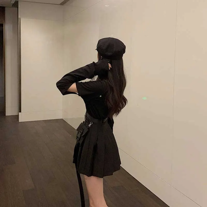 NiceMix black set A-line Women Sexy Mini High Waist Skirt Streetwear Women Punk Style Side Pocket Fashion Design Pleated Skirt