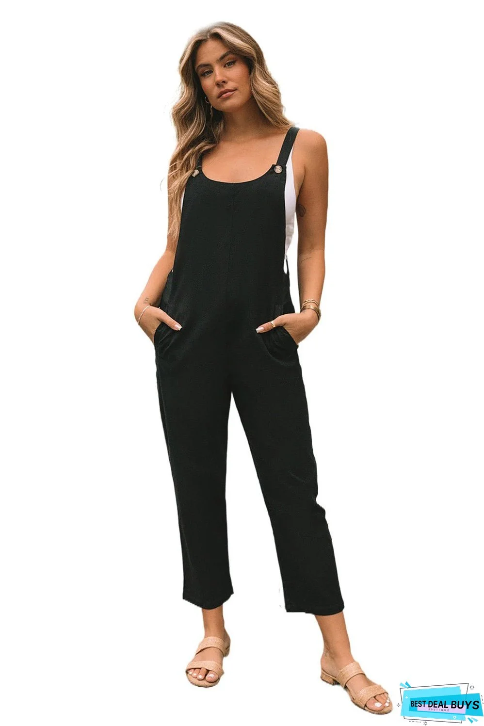 Button Straps Pocketed Cropped Jumpsuit