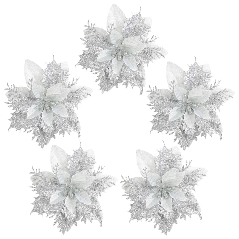 5pcs Glitter Artificial Christmas Flowers Xmas Tree Decorations Ornaments Merry Christmas Decorations for Home New Year Gift