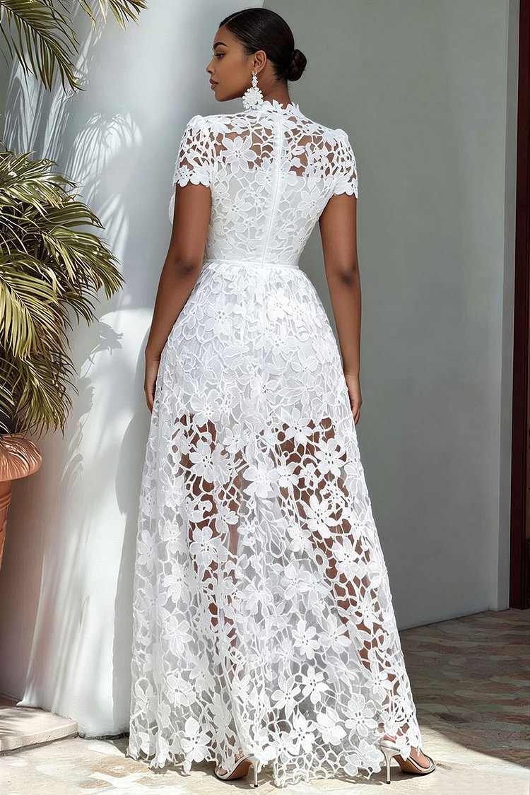 white maxi dress short sleeves Briona Sleeve Buckle garden parties White Lace Boho Maxi Dress