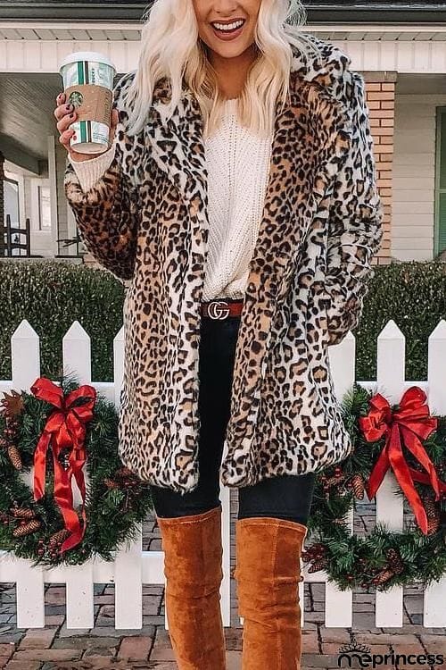 Pockets Leoaprd Faux Fur Lapel Coat