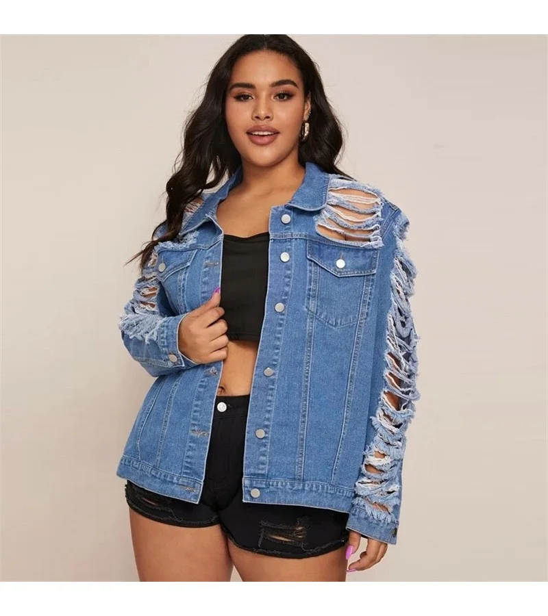 Women Plus Size Fashion Hollow Out Tassel Long Sleeve Ripped Denim Jacket XL-4XL