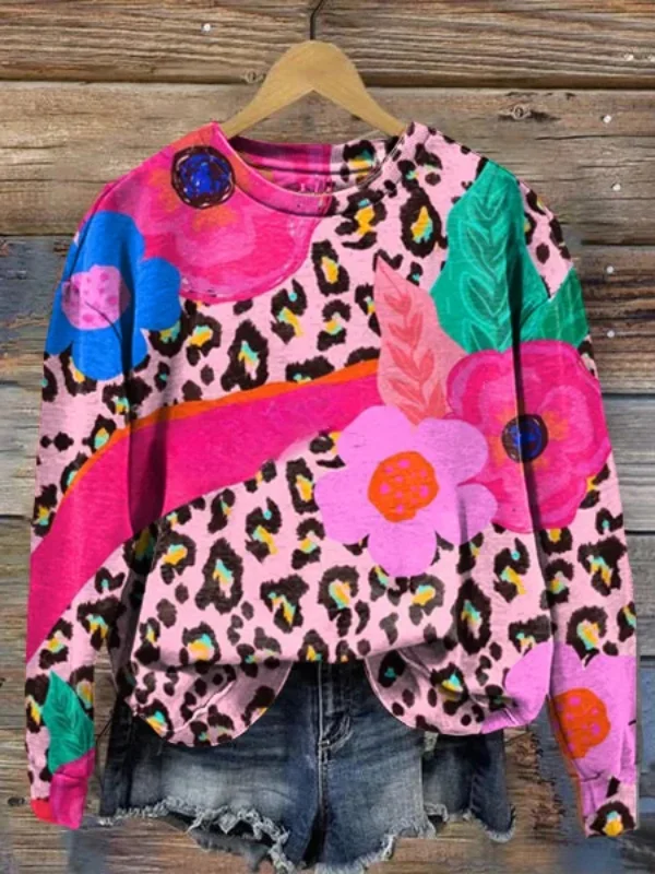 Pink Leopard Flower Art Print Round Neck Long Sleeve Sweatshirt.