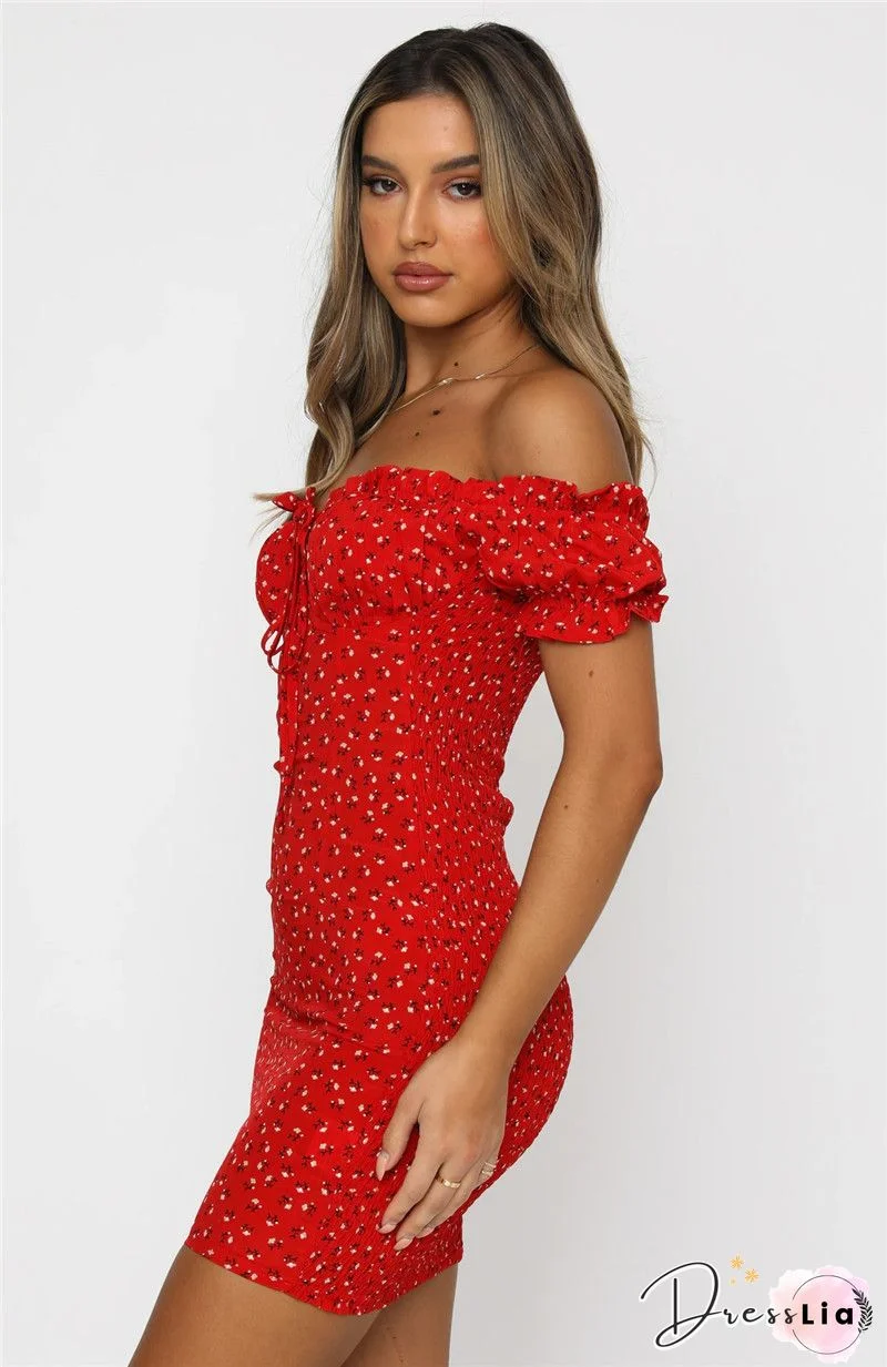 Women Floral Wrap Dress Off Shoulder Tie Up Front Ruffle Mini Dress Summer Office Lady Slash Neck Printed Pencil Dress