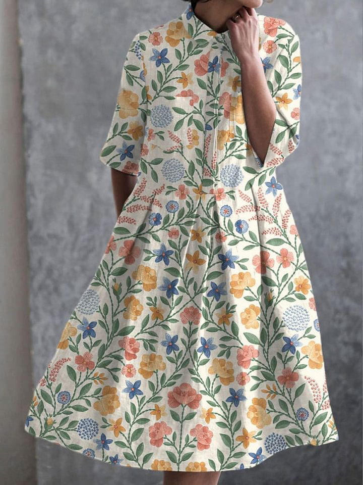 Women's Pastoral Flowers  Print Pocket Cotton Dress