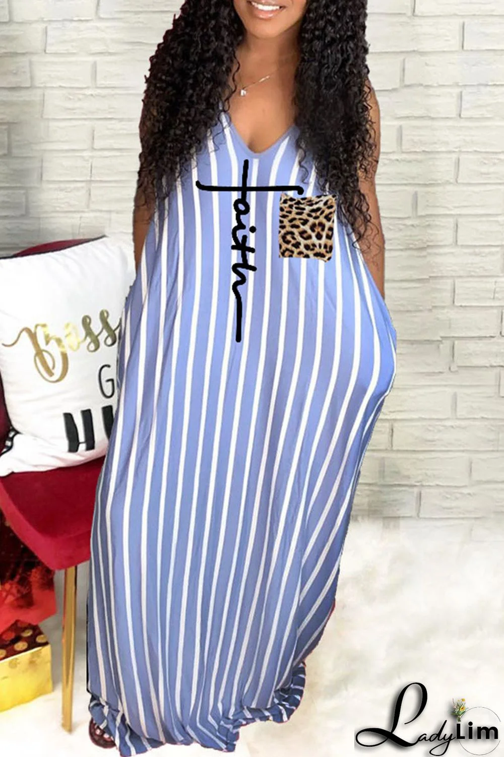 Blue Casual Print Split Joint V Neck Straight Dresses