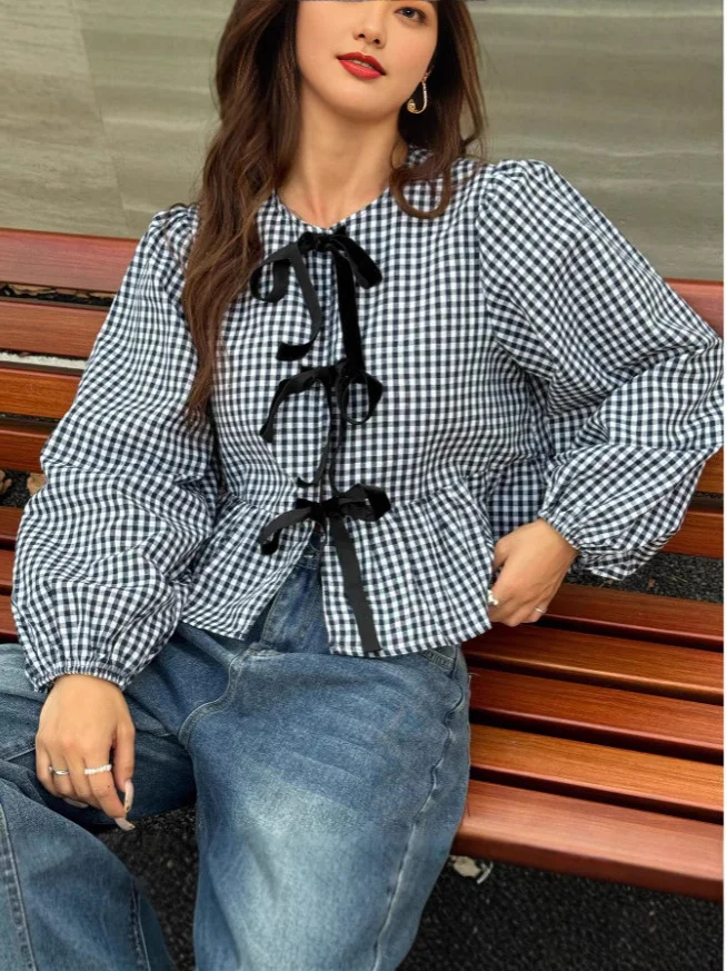 Nigikala Nigikala Women's Plaid Loose Bow Long-Sleeved Shirt