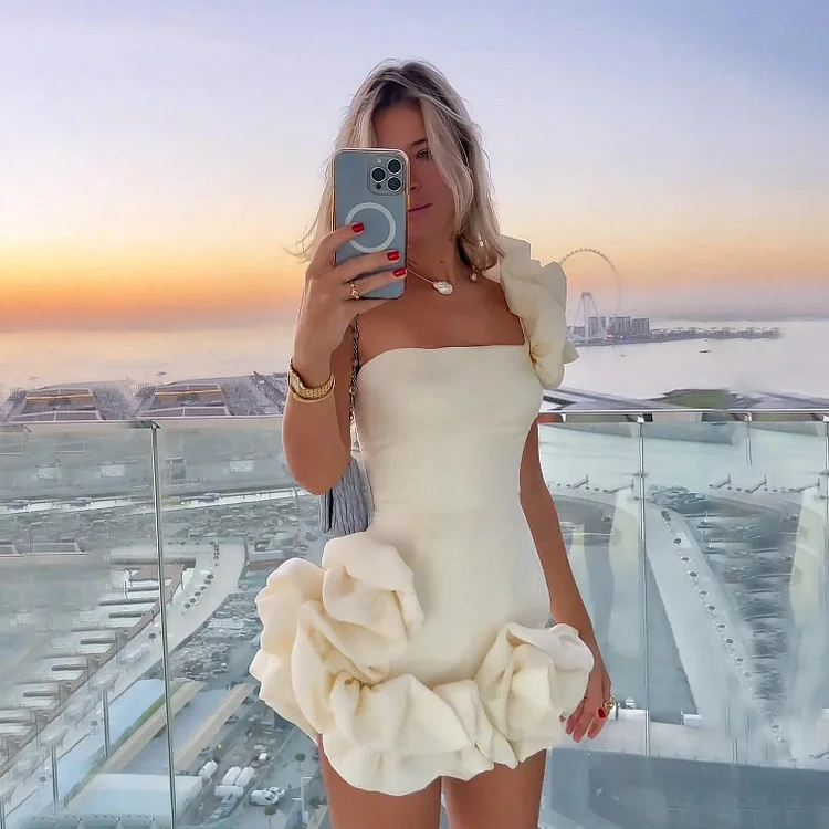 Delightful and Elegant Vibe Off Shoulder Flounce Bottom Strapless Mini Dress
