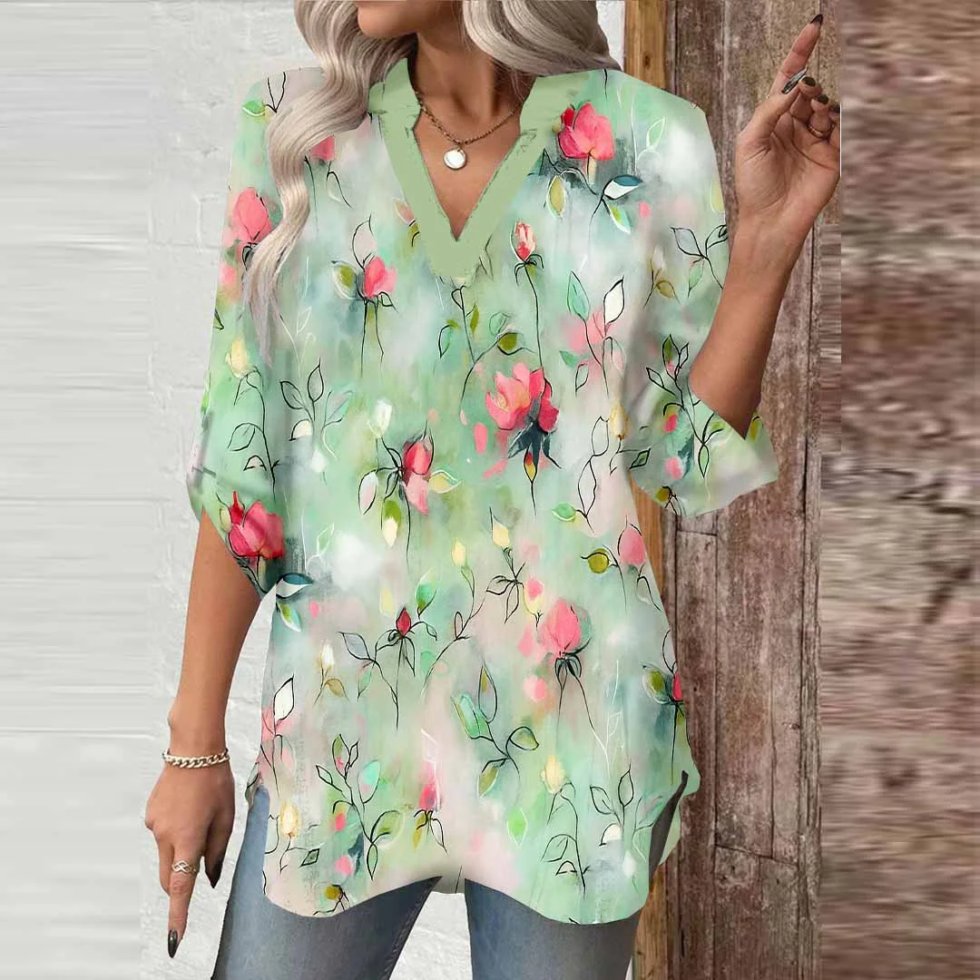 Women Floral, Green, Pink DZGA0643 3/4 Sleeve V-neck Printed Graphic Button Tops