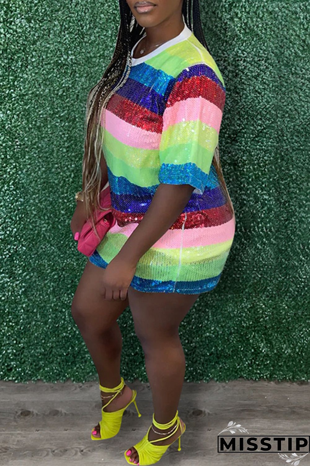 Rose Red Fashion Casual Patchwork Sequins O Neck A Line Dresses