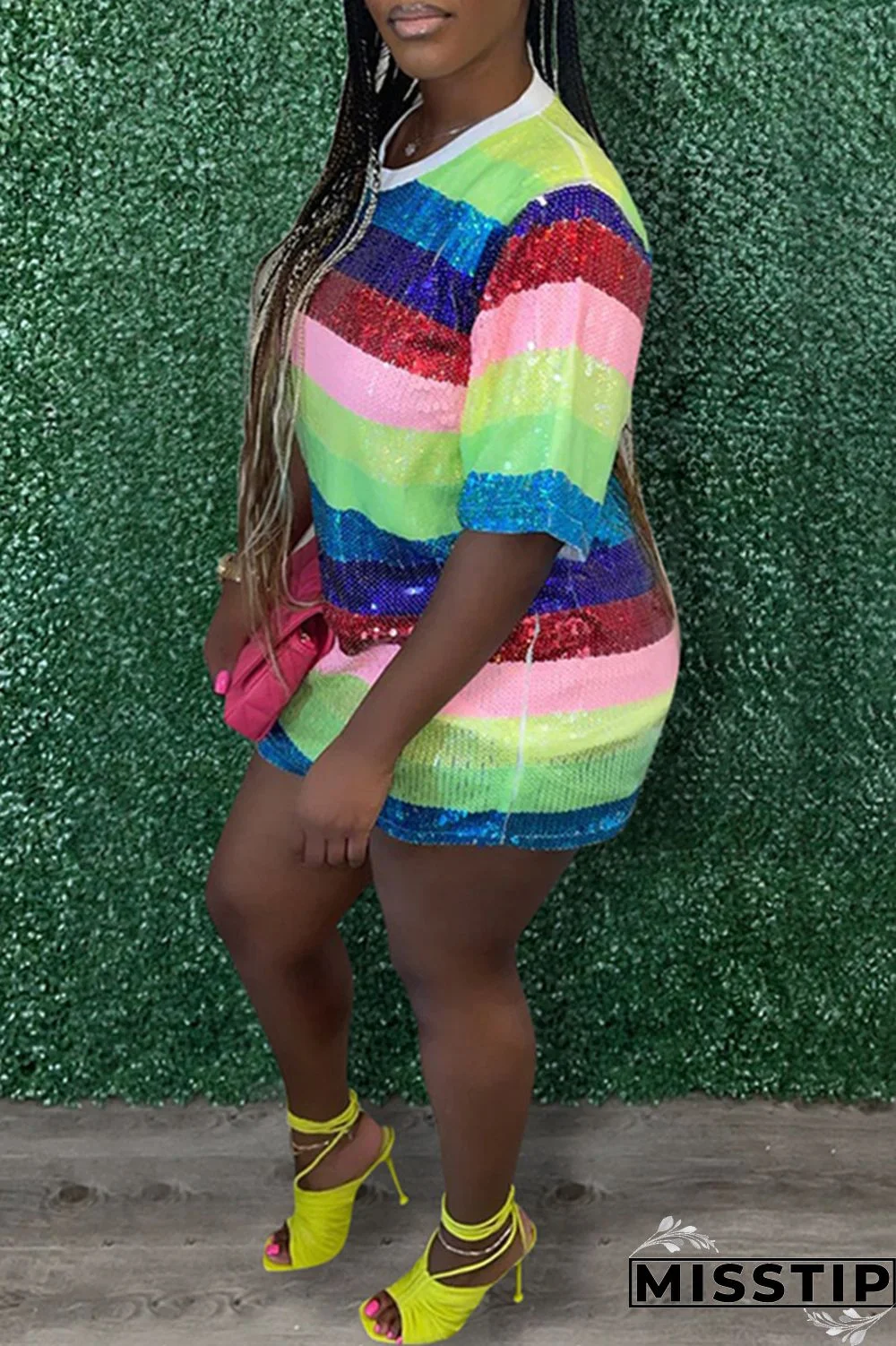 Rose Red Fashion Casual Patchwork Sequins O Neck A Line Dresses