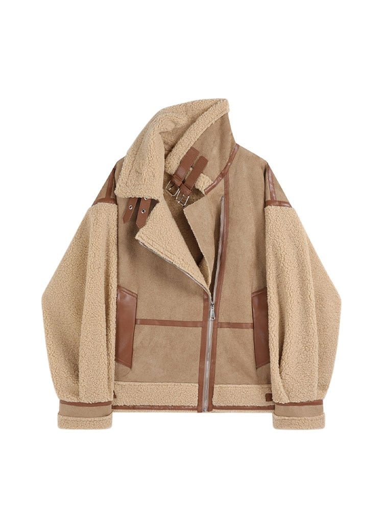 Women's Vintage Faux Sheepskin Fake Leather Patchwork Jackets Ins Street Thicken Warm Female Suede Lambs Short Motorcycle Coats