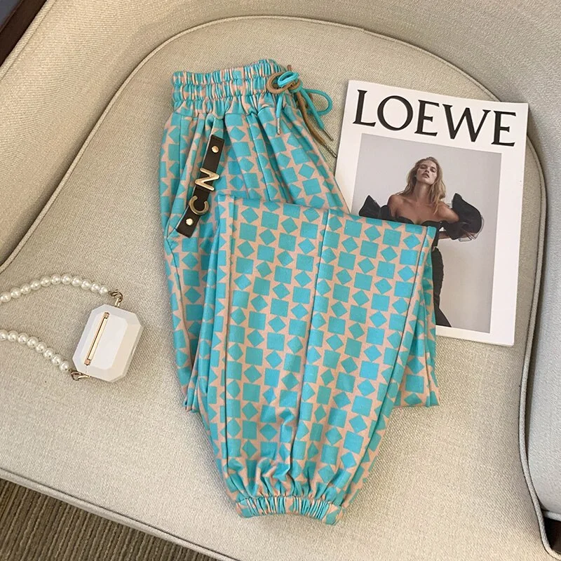 churchf Women Vintage Pants Hit Green Plaid Leggings Women's Spring Autumn Loose High Street High Waist Harlan Sweatpants Trousers-Outfit Ideas