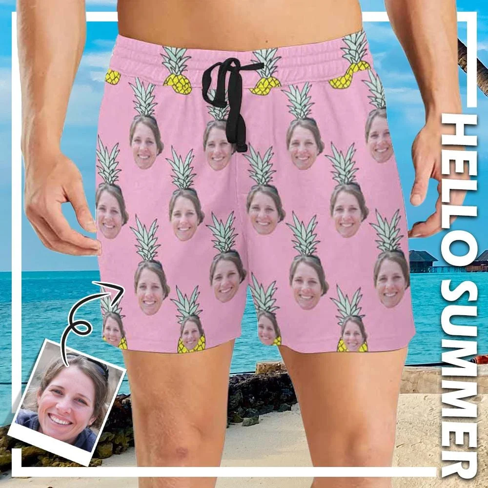 Custom Face Pink Pineapple Men's Quick Dry Swim Shorts Personalized Funny Swim Trunks Mens Print Swimwear Design Beach Swimsuit with Girlfriend's Face