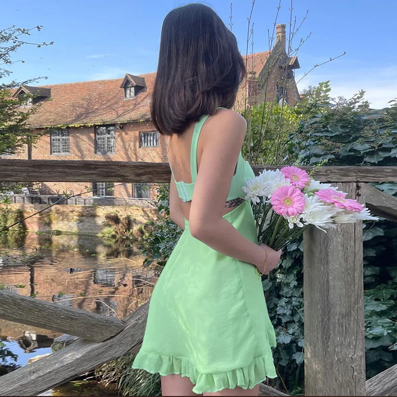 Elegantes Para Solid Color Cutout Slim Sling Sexy Backless Ruffle Mini Dress